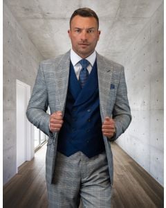 Statement Men's 100% Wool 3 Piece Suit - Light Textured Plaid