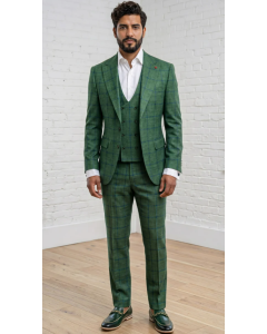 Statement Men's Outlet 3 Piece 100% Wool Tailored Fit Suit - Windowpane Pattern 