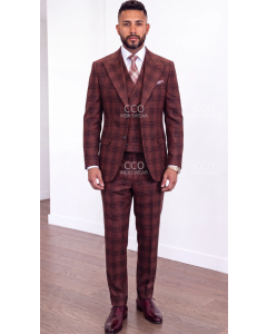Burgundy Suit Mens Plaid Suits Peak Lapel