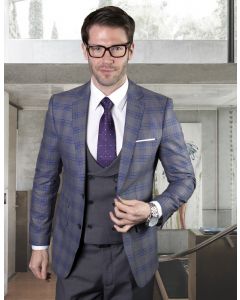 Statement Men's Outlet 100% Wool 3 Piece Suit - Accented Windowpane