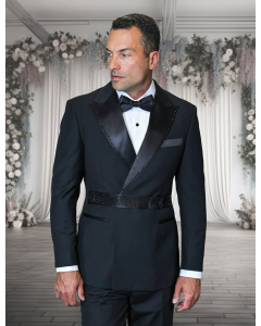 Statement Men's Outlet 2 Piece 100% Wool Modern Fit Double Breasted Tuxedo - Rhinestone Belt