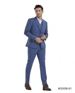 Tazio Men's 3 Piece Skinny Fit Suit - Banker Pinstripe