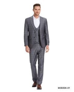 Tazio Men's 3 Piece Skinny Fit Suit - Tone on Tone Windowpane