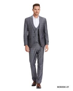 CCO Men's Outlet 3 Piece Skinny Fit Suit - Tone on Tone Windowpane