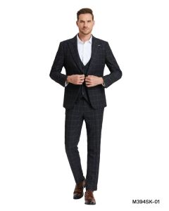 CCO Men's Outlet 3 Piece Skinny Fit Suit - Sharp Windowpane