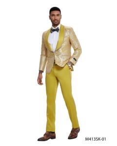 Tazio Men's 2 Piece Skinny Fit Suit - Gold Paisley