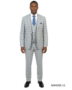 CCO Men's Outlet 3 Piece Skinny Fit Windowpane Plaid Suit - Asymmetrical Vest 
