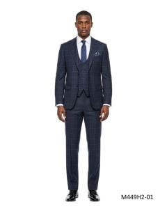 Navy Blue Suit Hybrid Fit Suits Windowpane Pattern