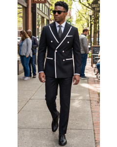 Black/White Double Breasted Suit with Peak Lapel
