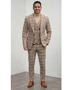 Camel Burberry Plaid Suit for Men Peak Lapel