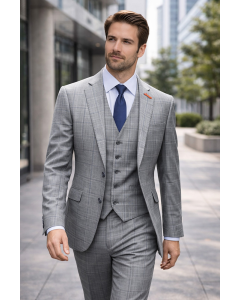 Statement Men's Outlet 3 Piece 100% Wool Suit - Light Plaid