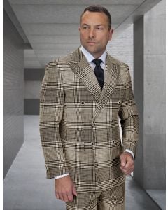 Statement Men's Outlet 2 Piece 100% Wool Modern Fit Double Breasted Suit - Plaid Pattern