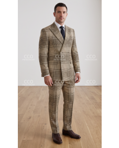 Brown Double Breasted Plaid Mens Suits
