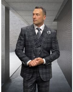 Statement Men's 3 Piece 100% Wool Plaid Fashion Suit - Double Breasted Vest