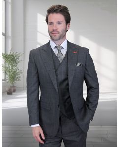 Statement Men's 3 Piece 100% Wool Modern Fit Suit - V-Neck Double Breasted Vest