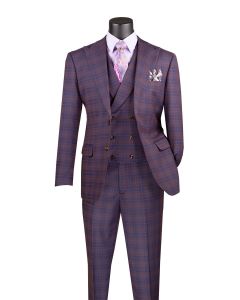 Purple Suit Windowpane Plaid Fabric Peak Lapel
