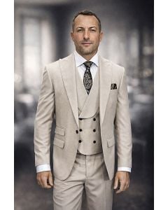 Statement Men's Outlet 3 Piece 100% Wool Modern Fit Suit - Wide Lapel Double Breasted Vest
