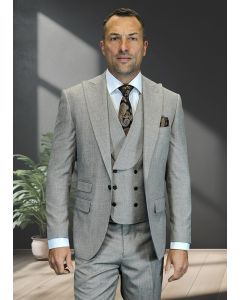 Statement Men's Outlet 3 Piece 100% Wool Modern Fit Suit - Wide Lapel Double Breasted Vest