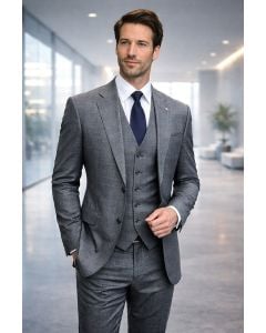 Statement Men's Outlet 3 Piece 100% Wool Modern Fit Suit - Tone on Tone Plaid