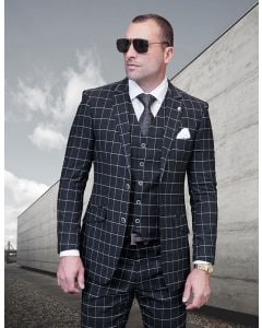 Statement Men's 3 Piece 100% Wool Modern Fit Suit - Classic Windowpane