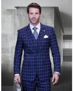 Statement Men's Outlet 3 Piece 100% Wool Modern Fit Suit - Classic Windowpane