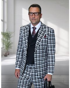 Statement Men's 3 Piece 100% Wool Fashion Suit - Unique Checker Pattern