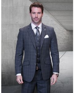 Statement Men's 3 Piece 100% Wool Cashmere Suit - Sleek Windowpane