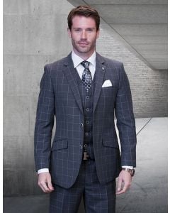 Statement Men's Outlet 3 Piece 100% Wool Cashmere Suit - Sleek Windowpane
