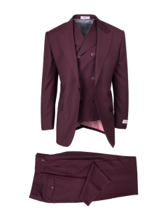 Tiglio Rosso Men's 3 Piece 100% Wool Suit - Wide Leg Pants - Burgundy