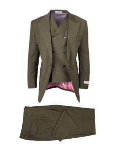 Tiglio Rosso Men's 3 Piece 100% Wool Suit - Wide Leg Pants - Olive