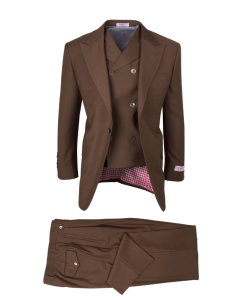 Tiglio Rosso Men's 3 Piece 100% Wool Suit - Wide Leg Pants - Tobacco
