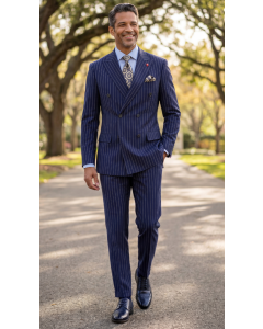 Statement Men's Outlet 2 Piece 100% Wool Double Breasted Pinstripe Suit - Modern Fit