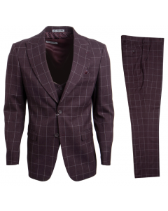 Burgundy Suit Windowpane Print Peak Lapel Men's Suit Men