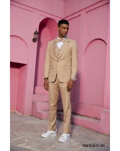 Tan Plaid Suits Peak Lapel Men Suits