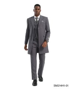 Grey Suit 3 Piece Suits for Gents Overcoat Jacket Vest with Lapel Zoot Suit