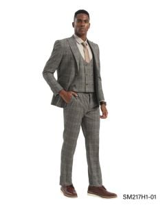 Grey Suit 3 Piece Mens Suits Double Breasted Vest Peak Lapel