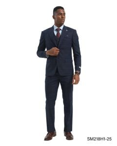 Navy Blue Suit Plaid Suit Flat Front Pants with Expandable Waistband