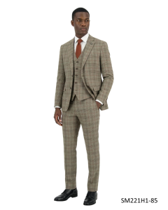 Taupe Suit Mens 3 Piece Suits Plaid Suit Flat Front Pants with Expandable Waistband