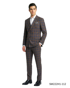 CCO Men's Outlet 2 Piece Double Breasted Hybrid Fit Suit - Windowpane Plaid
