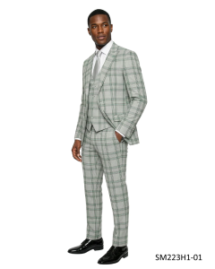 Grey Green Glen Plaid Suit Mens 3 Piece Suits Flat Front Pants with Expandable Waistband