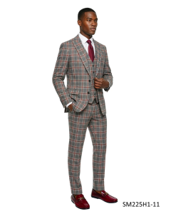Grey Burgundy Plaid Suit for Men Fashion Suits Reversible Vest