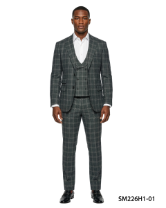 Dark Green Suit Windowpane Plaid Suits for Men Flat Front Pants with Expandable Waistband
