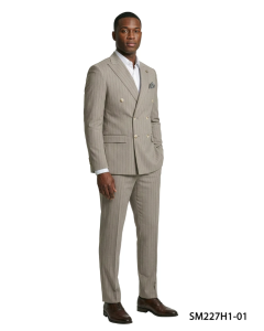 Khaki Suit Pinstripe Suits Flat Front Pants with Expandable Waistband
