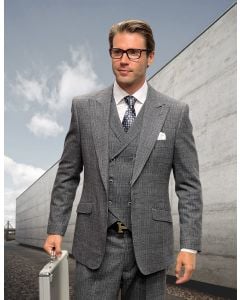 Statement Men's Outlet 3 Piece 100% Wool Tweed Fashion Suit - Plaid Pattern