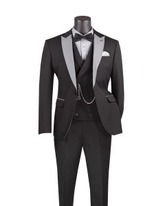 CCO Men's Outlet 3 Piece Wool Feel Slim Fit Suit - Contrasted Lapel