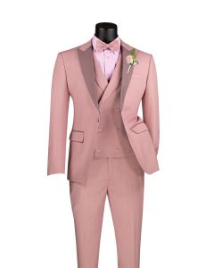 CCO Men's Outlet 3 Piece Wool Feel Slim Fit Suit - Contrasted Lapel