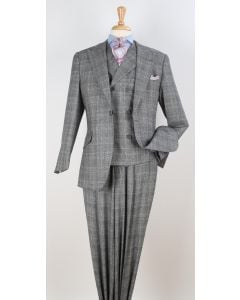 Grey Windowpane 3 Piece Suit for Men Double Breasted Vest Peak Lapel