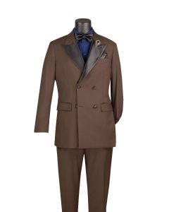 Brown Double Breasted Tuxedo with Peak Lapel Satin Trimmed Pants with Adjustable Waistband