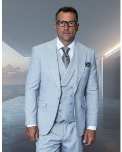 Statement Men's 3 Piece 100% Wool Powder Blue Suit - Double Breasted Vest