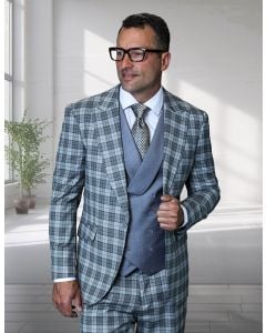 Statement Men's Outlet 3 Piece Plaid 100% Wool Modern Fit Suit - Double Breasted Vest